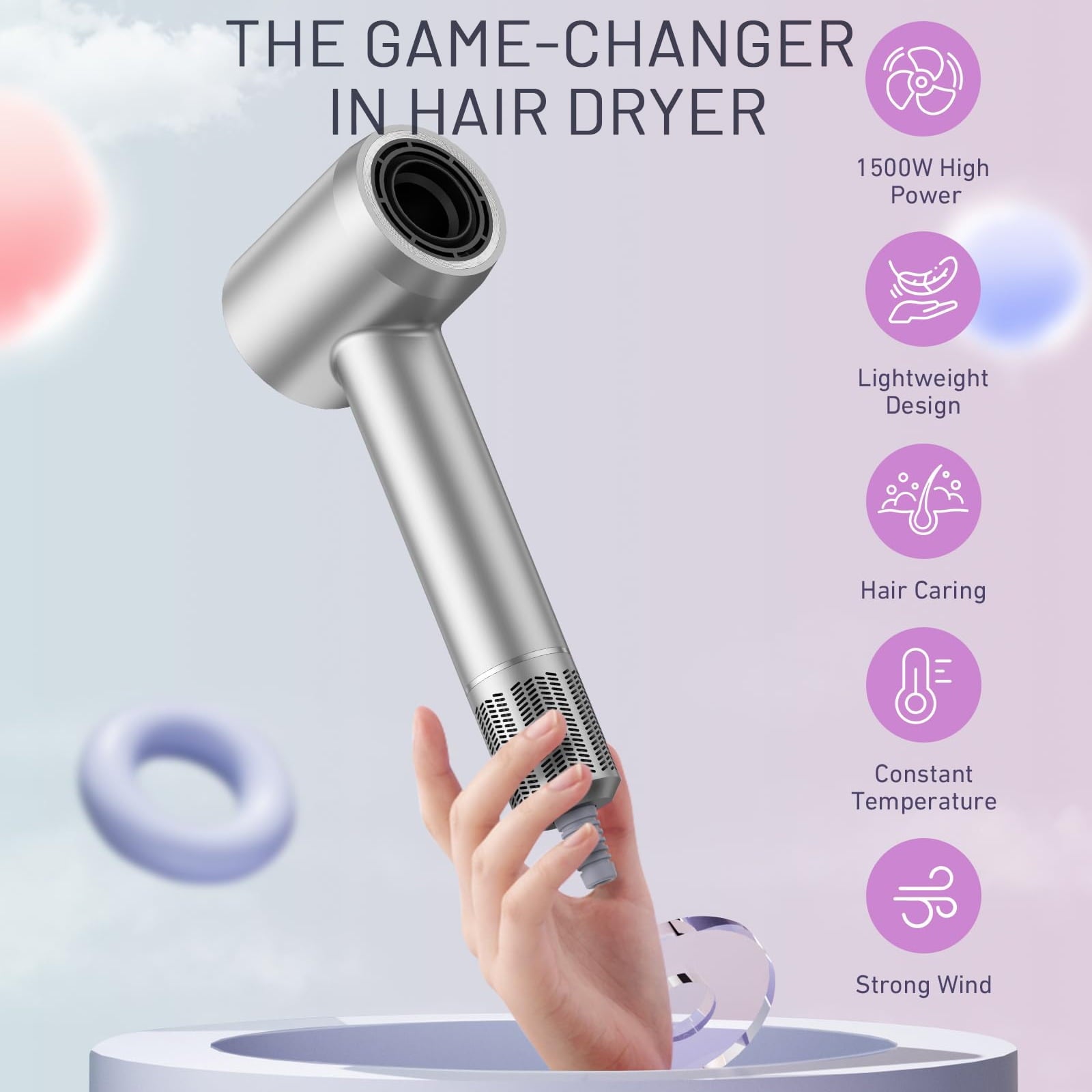 Purevigil High-Speed Hair Dryer, 150,000 RPM Brushless Motor Ionic Blow Dryer with Diffuser & Styling Nozzle, Fast Drying & Low Noise, Gray
