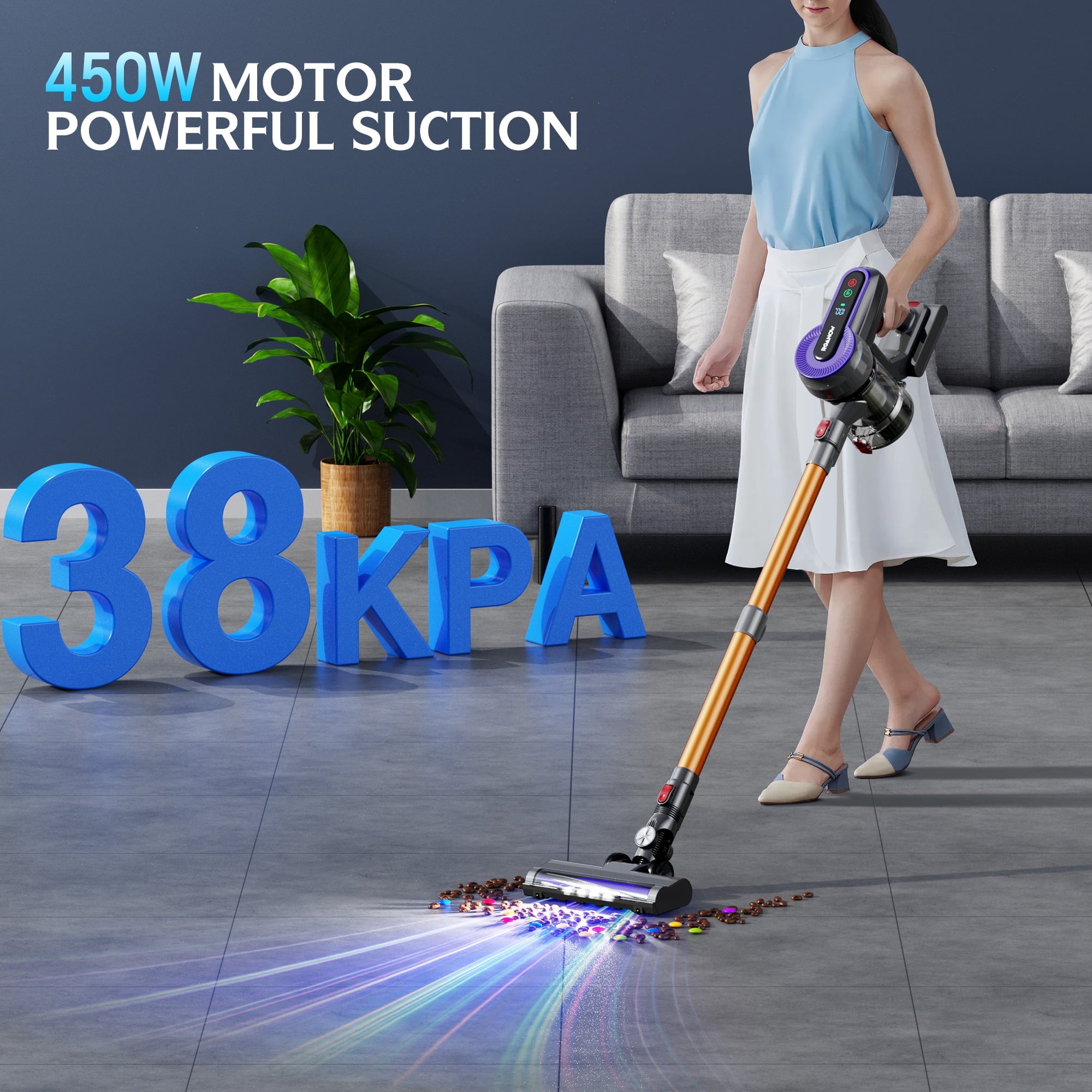 Roanow Cordless Vacuum Cleaner, 38KPA/55Min, Lightweight Stick Vacuum Cleaner for Home Hardwood Floor, Carpet and Pet Hair