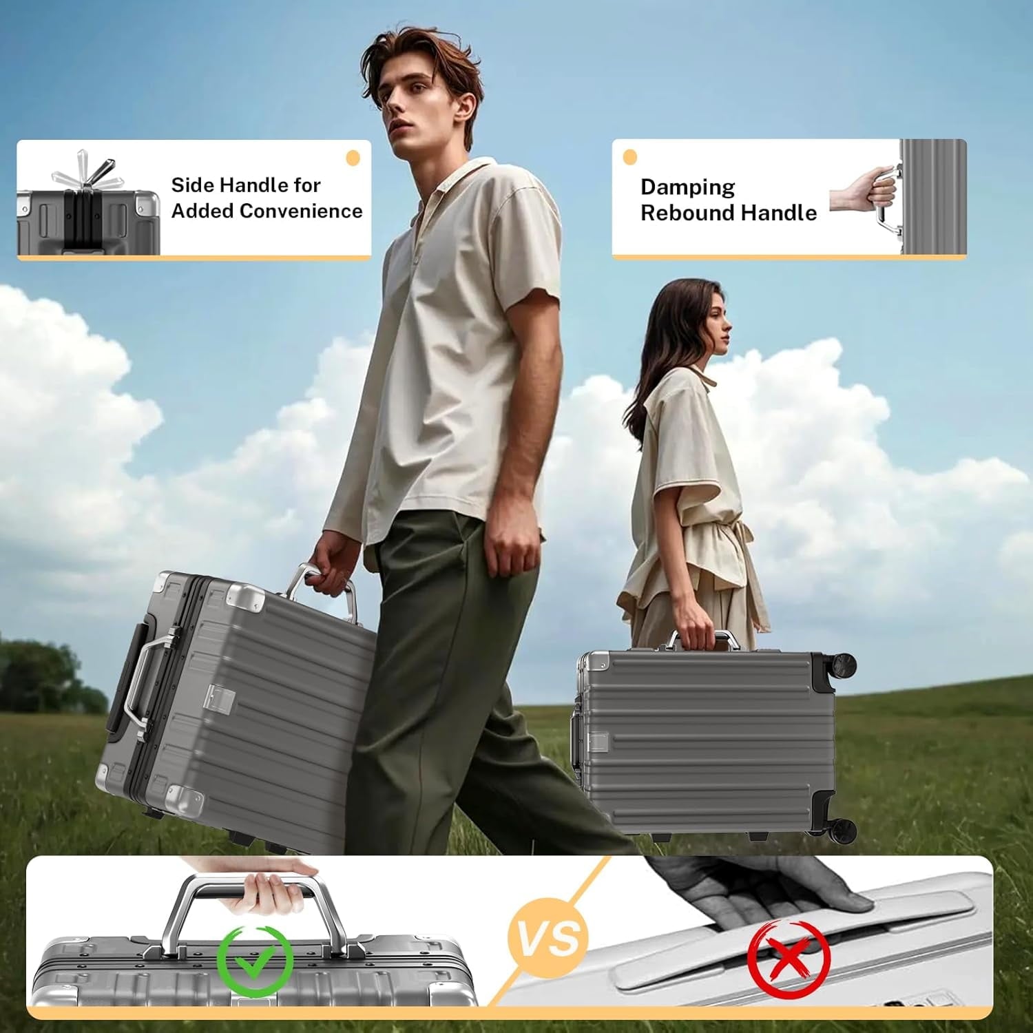 Checked Luggage Aluminum Frame Suitcase with Wheels PC ABS Hardside Zipperless with TSA Lock 28 Inch Gray